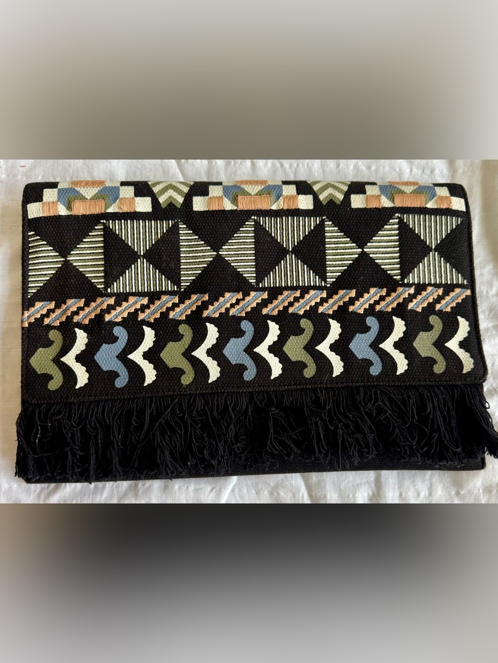 Stella & Dot "Taj" Multicolor Woven Fringed Trim Envelope Boho Clutch Bag